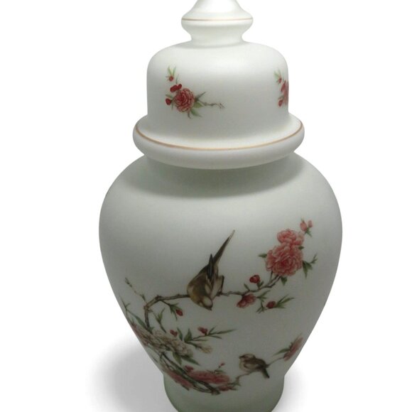 Large GINGER JAR With Lid Frosted Satin Glass Bird And Floral 18" Tall Vintage - Picture 2 of 9